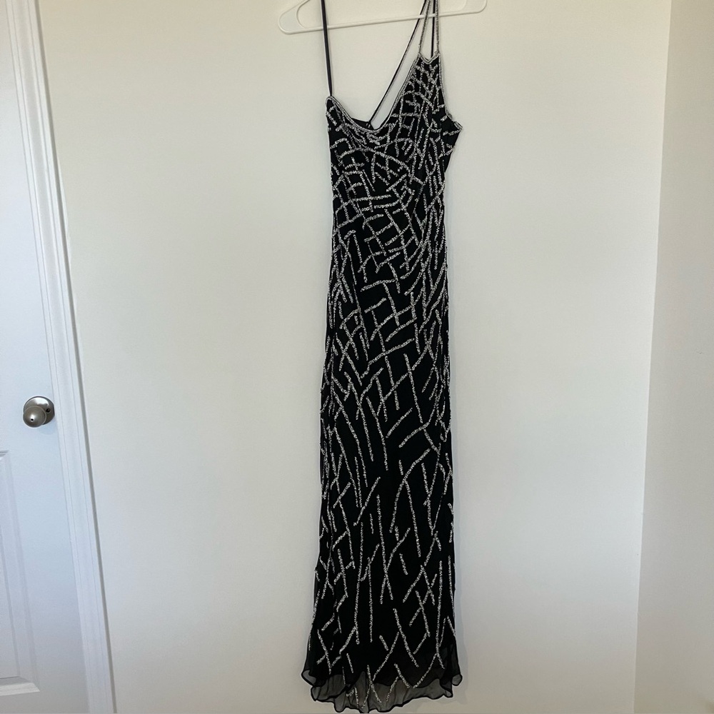 Y2K Vintage Scala Black Silk Formal Floor Length Dress Silver Beaded Large Prom